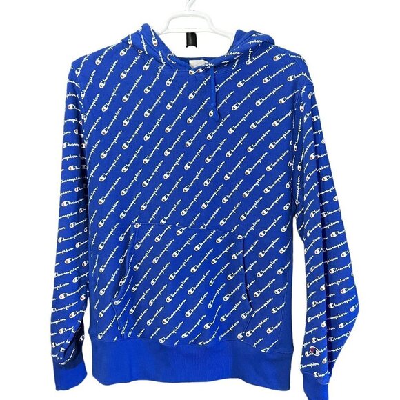 Vintage Champion Reverse Weave Graphic Logo Print All Over Pullover Hoodie Sz L - Picture 1 of 9